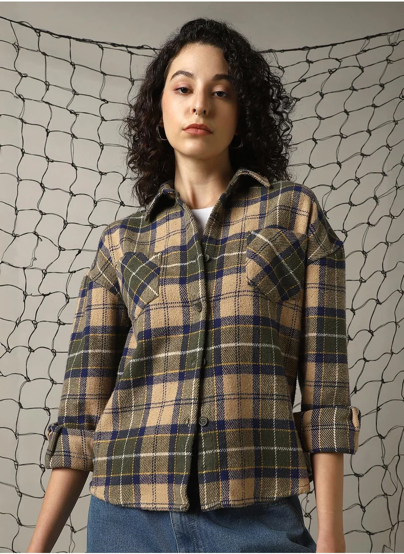 Hubberholme Women's Multicoloured Cotton Blend Checkered Oversized Shacket