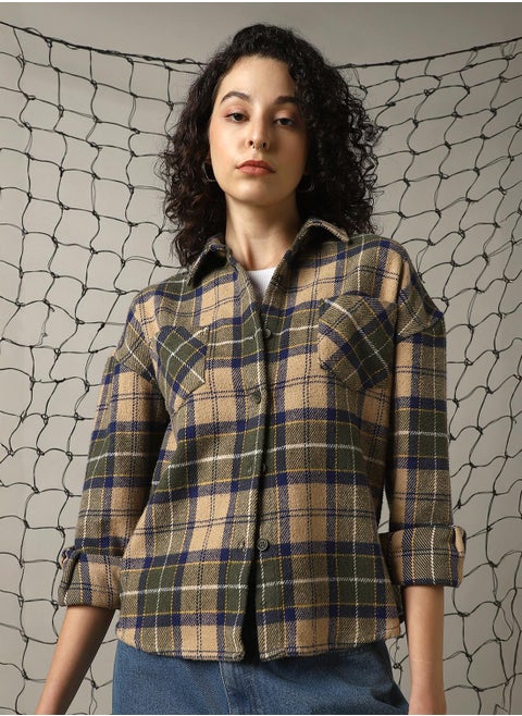 Women's Multicoloured Cotton Blend Checkered Oversized Shacket