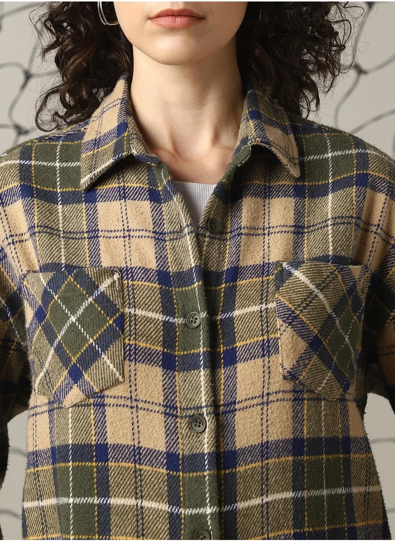 Hubberholme Women's Multicoloured Cotton Blend Checkered Oversized Shacket