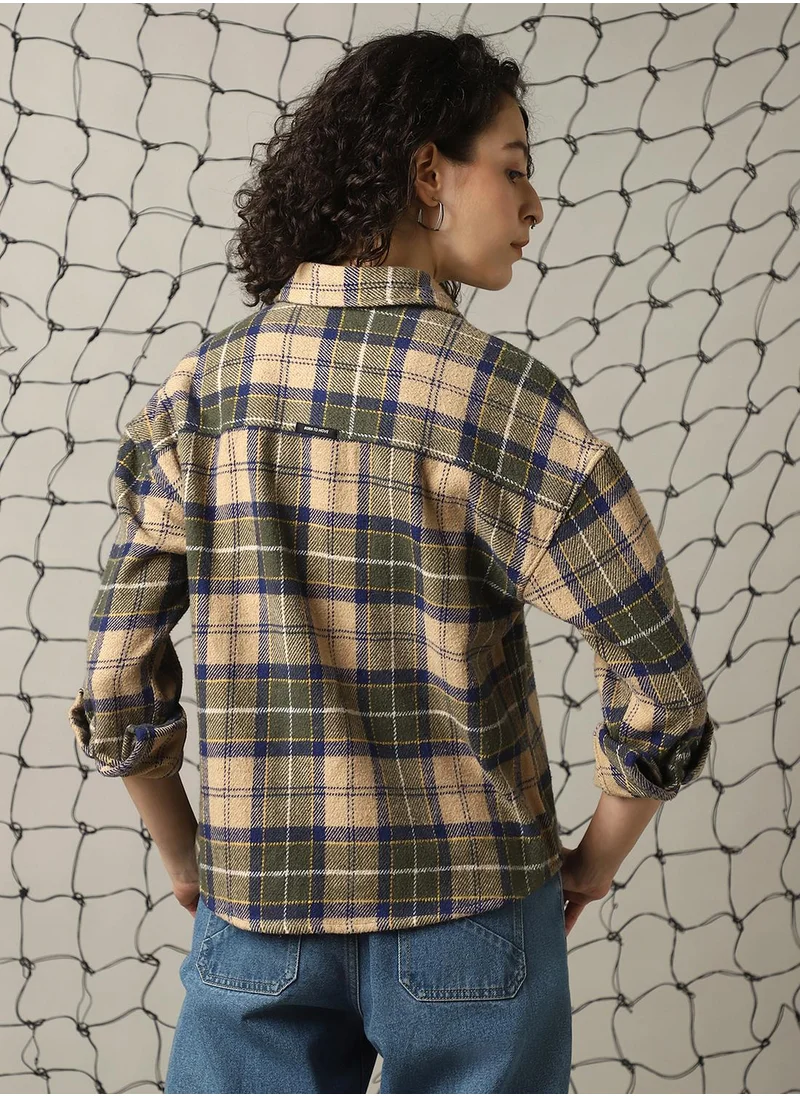 Hubberholme Women's Multicoloured Cotton Blend Checkered Oversized Shacket