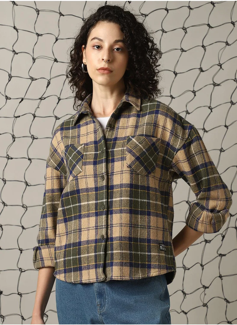 Hubberholme Women's Multicoloured Cotton Blend Checkered Oversized Shacket