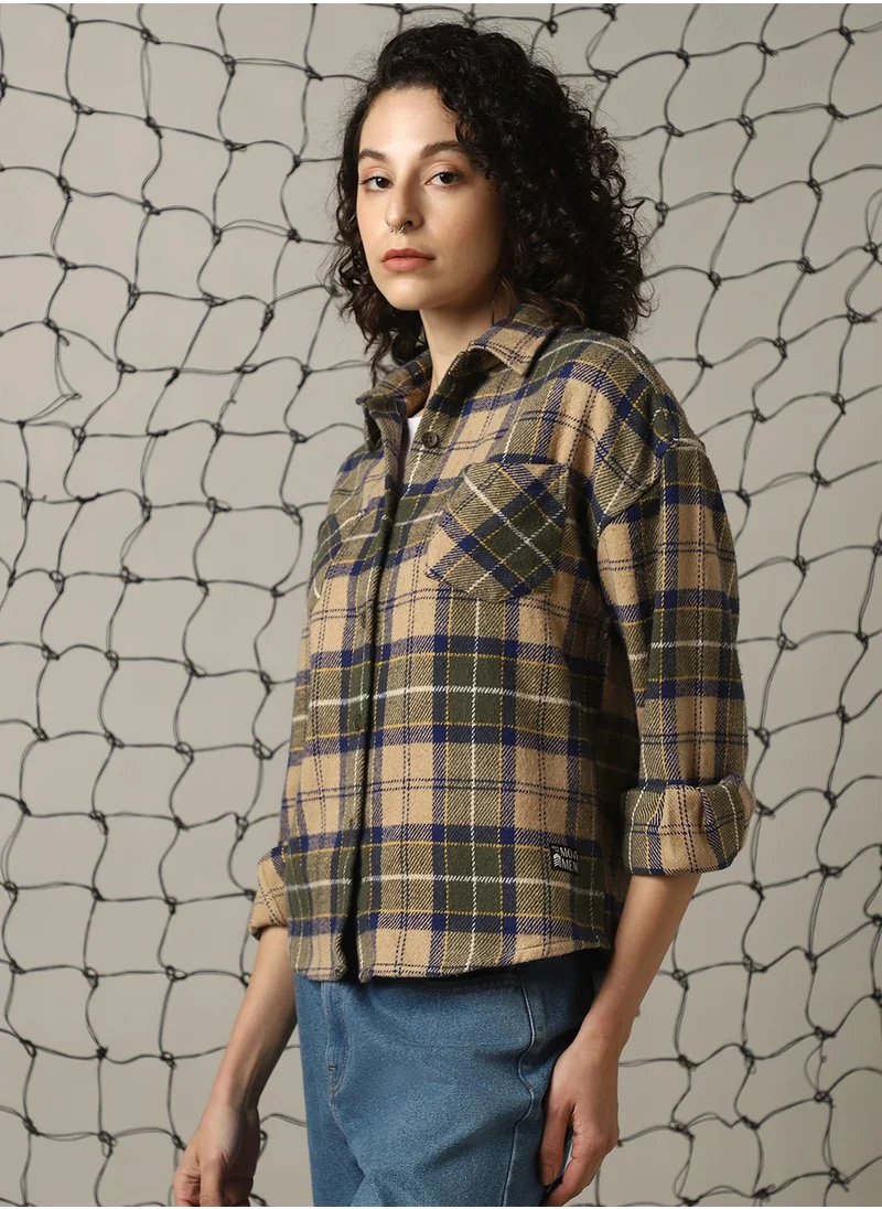 Hubberholme Women's Multicoloured Cotton Blend Checkered Oversized Shacket