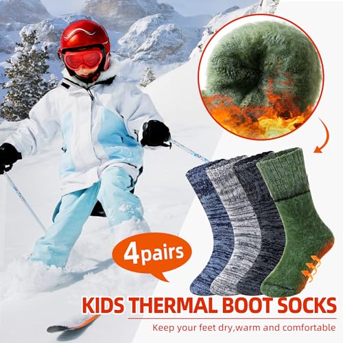 Eocom Kids Warm Thermal Socks for Toddler Boy Girls Winter Ski Thick Insulated Heated Boot Socks for Extreme Cold Weather 4 Pairs(Black/Grey/Green/Blue, 8-12 Years) - Image 2