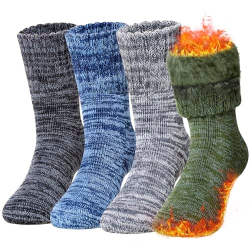 Eocom Kids Warm Thermal Socks for Toddler Boy Girls Winter Ski Thick Insulated Heated Boot Socks for Extreme Cold Weather 4 Pairs(Black/Grey/Green/Blue, 8-12 Years) - Image 1