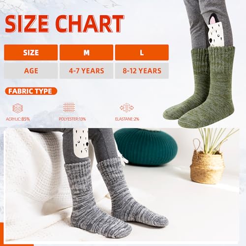 Eocom Kids Warm Thermal Socks for Toddler Boy Girls Winter Ski Thick Insulated Heated Boot Socks for Extreme Cold Weather 4 Pairs(Black/Grey/Green/Blue, 8-12 Years) - Image 5