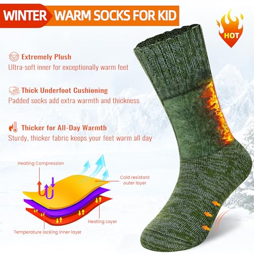 Eocom Kids Warm Thermal Socks for Toddler Boy Girls Winter Ski Thick Insulated Heated Boot Socks for Extreme Cold Weather 4 Pairs(Black/Grey/Green/Blue, 8-12 Years) - Image 4