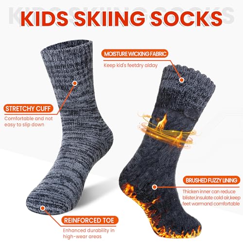Eocom Kids Warm Thermal Socks for Toddler Boy Girls Winter Ski Thick Insulated Heated Boot Socks for Extreme Cold Weather 4 Pairs(Black/Grey/Green/Blue, 8-12 Years) - Image 3