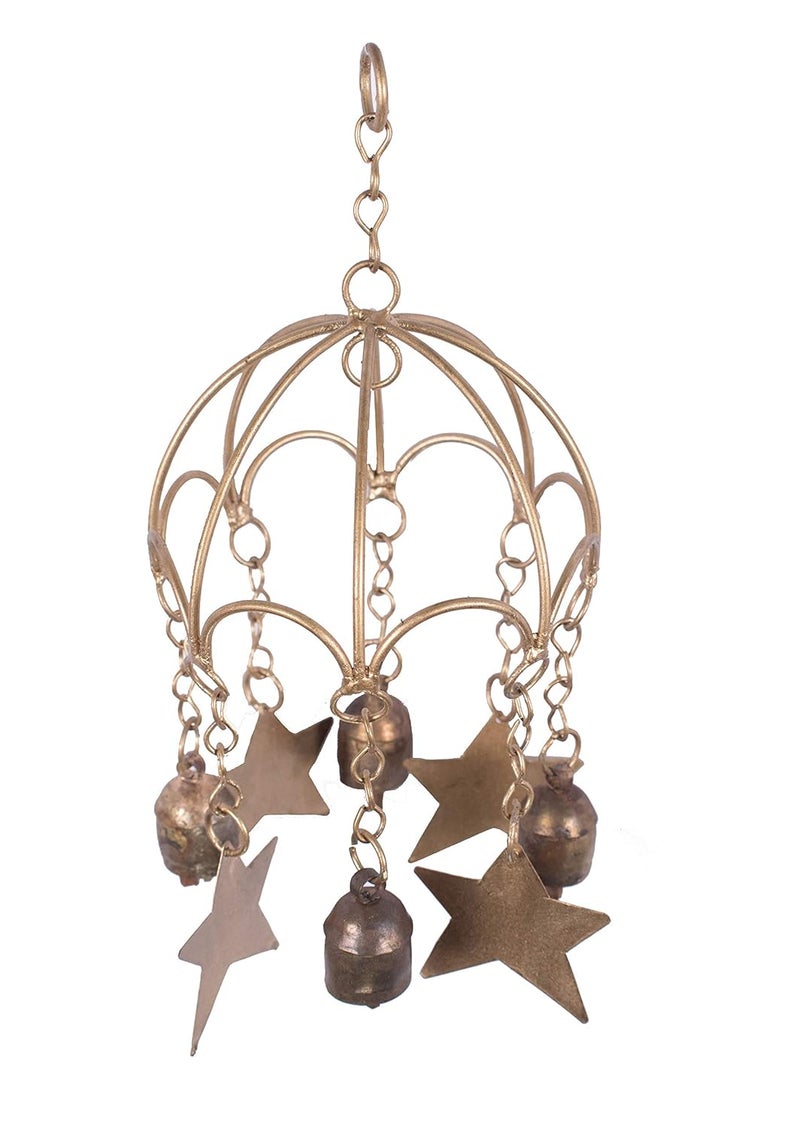 Ethnics of Kutch Ethnics of Kutch Hand Made Metal Bells Wrought Iron CopperZinc Coated Home Dcor Chimes Cow Bell Umbrella with Star 5 Bell 30 cms Length Colour Copper BEL0033 - Image 4