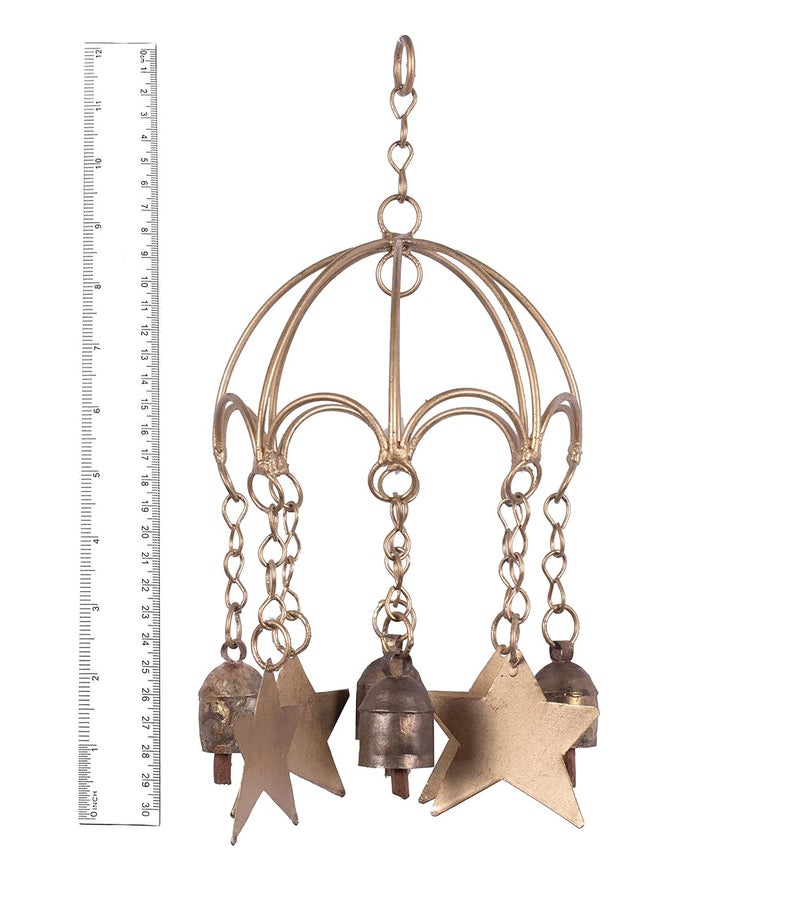 Ethnics of Kutch Ethnics of Kutch Hand Made Metal Bells Wrought Iron CopperZinc Coated Home Dcor Chimes Cow Bell Umbrella with Star 5 Bell 30 cms Length Colour Copper BEL0033 - Image 5