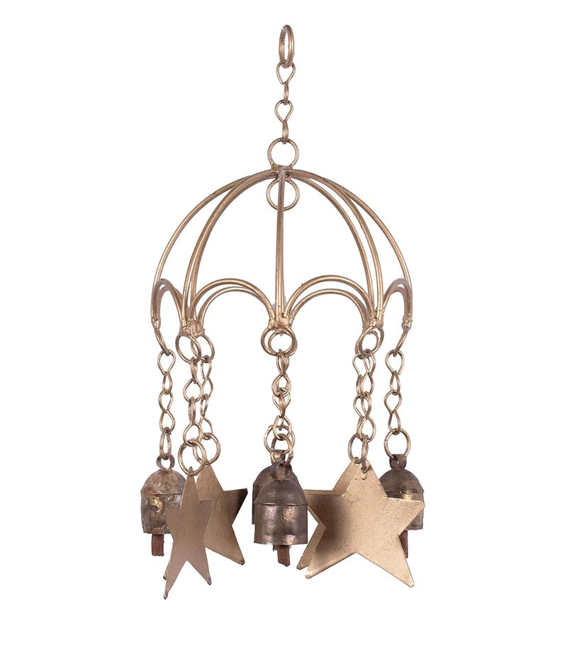 Ethnics of Kutch Ethnics of Kutch Hand Made Metal Bells Wrought Iron CopperZinc Coated Home Dcor Chimes Cow Bell Umbrella with Star 5 Bell 30 cms Length Colour Copper BEL0033 - Image 1