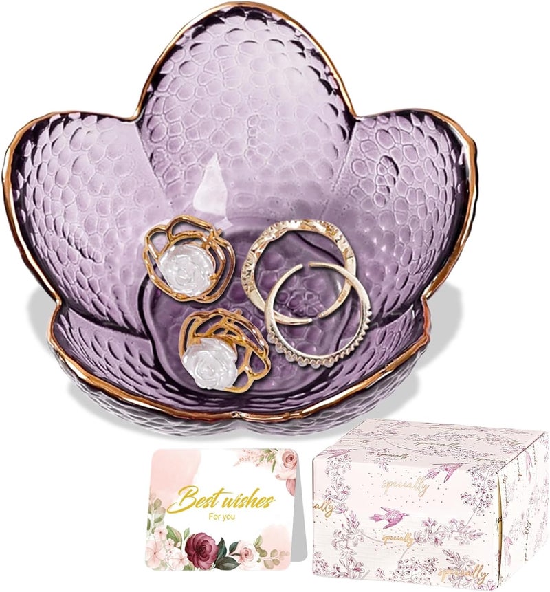 Binoster Purple Flower Jewelry Dish Glass Ring Holder Dish Jewelry Tray Cute Vanity Organizer Aesthetic Nightstand Bathroom Room Decor Trinket Dish Valentine's Friendship Christmas Birthday Gifts for Women - Image 1