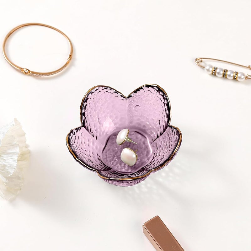 Binoster Purple Flower Jewelry Dish Glass Ring Holder Dish Jewelry Tray Cute Vanity Organizer Aesthetic Nightstand Bathroom Room Decor Trinket Dish Valentine's Friendship Christmas Birthday Gifts for Women - Image 3