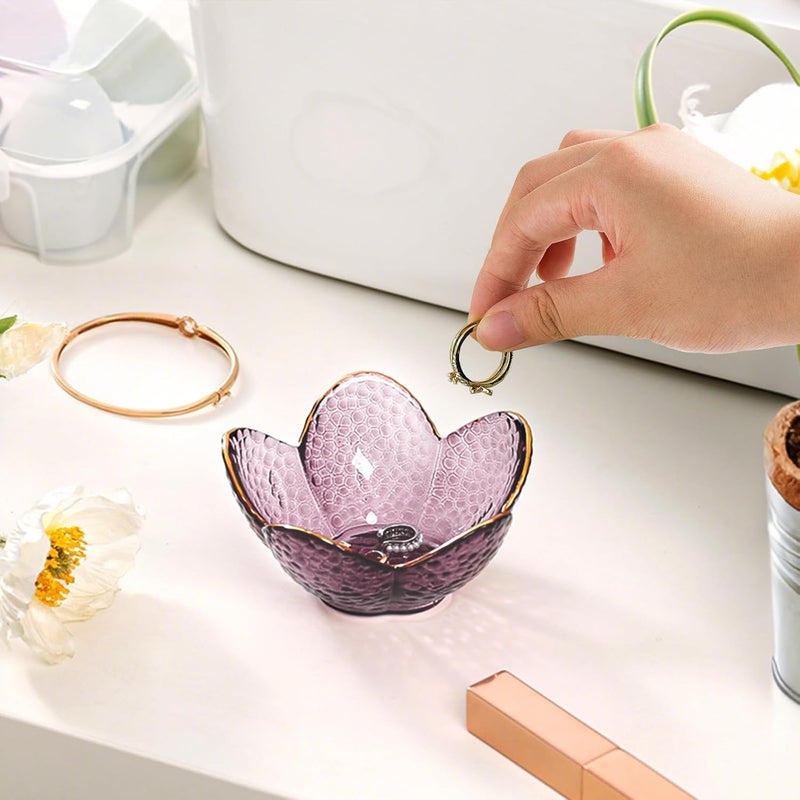 Binoster Purple Flower Jewelry Dish Glass Ring Holder Dish Jewelry Tray Cute Vanity Organizer Aesthetic Nightstand Bathroom Room Decor Trinket Dish Valentine's Friendship Christmas Birthday Gifts for Women - Image 2