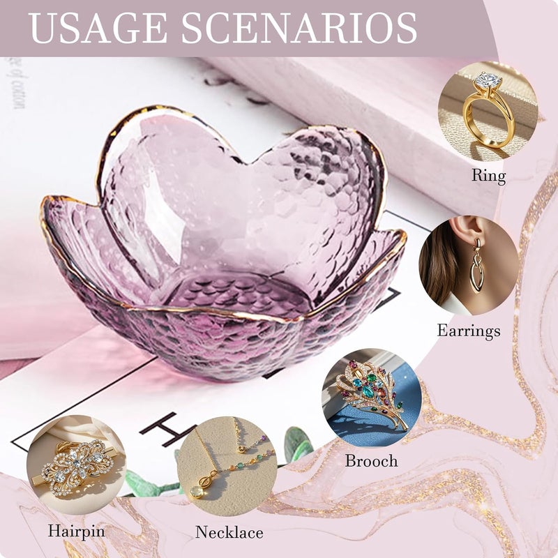Binoster Purple Flower Jewelry Dish Glass Ring Holder Dish Jewelry Tray Cute Vanity Organizer Aesthetic Nightstand Bathroom Room Decor Trinket Dish Valentine's Friendship Christmas Birthday Gifts for Women - Image 5