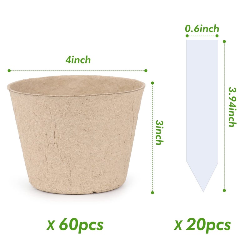 homenote Peat Pots, 60 Pcs 4 Inch Seed Starting Pots with Drainage Holes Round Nursery Plants Pots with Bonus 20 Plant Labels - Image 4