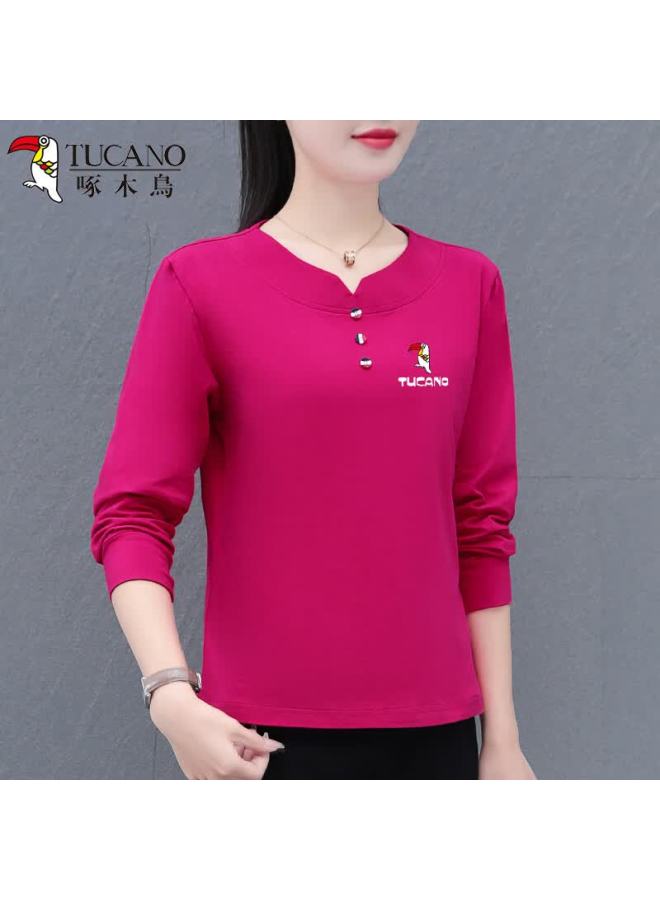Wood Pure Cotton Regular Shoulder Long Sleeve T-shirt Women   Fashion Casual Slim Fit Base Shirt Top Rose Red 2XL