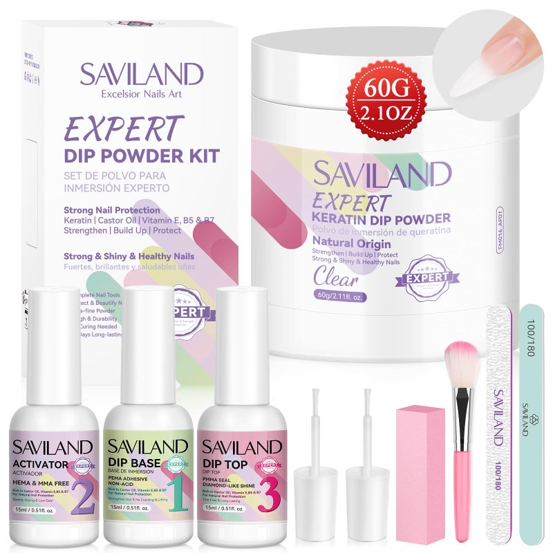 SAVILAND Clear Dip Powder Nail Kit Starter: 60g 2.1oz Dip Powder for Nails with Dipping Powder Liquid Set Dip Base Activator and Top Coat Professional Dip Nail Kit Repair for French Manicure Nail Art - Image 1
