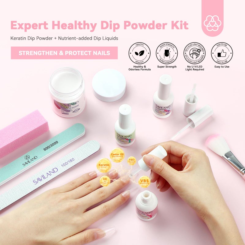 SAVILAND Clear Dip Powder Nail Kit Starter: 60g 2.1oz Dip Powder for Nails with Dipping Powder Liquid Set Dip Base Activator and Top Coat Professional Dip Nail Kit Repair for French Manicure Nail Art - Image 2