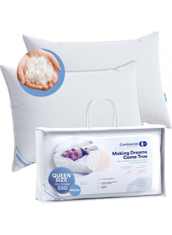 Continental Bedding Continental Bedding 100% Luxury Down Pillows Queen Size Set of 2 - Family Made in New York - Breathable Bed Pillows for Sleeping, for Side Sleepers - 550FP Medium Firmness and Loft  - Image 1