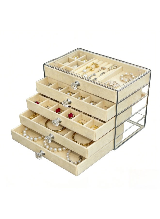 صندوق تنظيم المجوهرات من الأكريليك ب 5 بساطات، بطانة من القشط قابلة للفك، صندوق عرض واضح للمجوهرات للأوساخ والأقلام والخواتم والساعات اليدوية، حاوية تخزين مثالية للمجوهرات للنساء - Image 1
