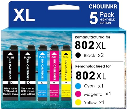 CHOUINKR Remanufactured Ink Cartridges for Epson 802 802XL 5 Combo Pack (Black, Cyan, Magenta, Yellow) to use with Workforce Pro WF-4720 WF-4730 WF-4734 WF-4740 Printers - Image 1