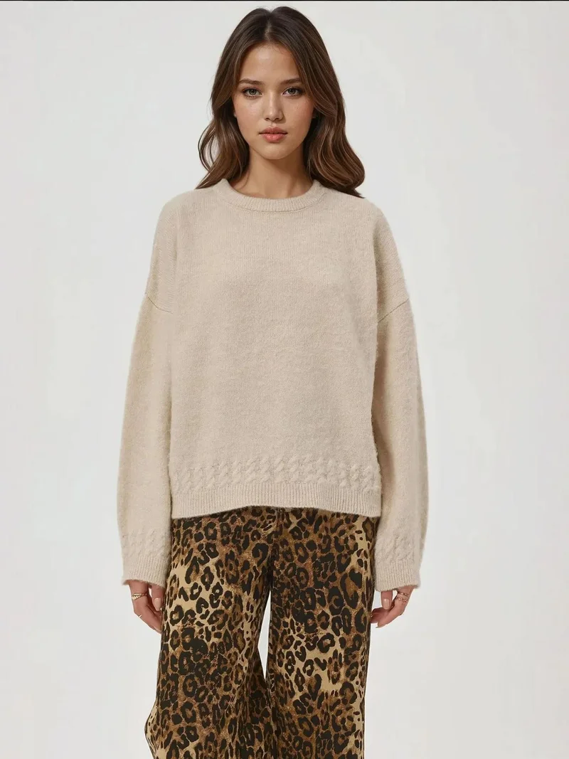 Braiding Detailed Textured Crew Neck Sweater
