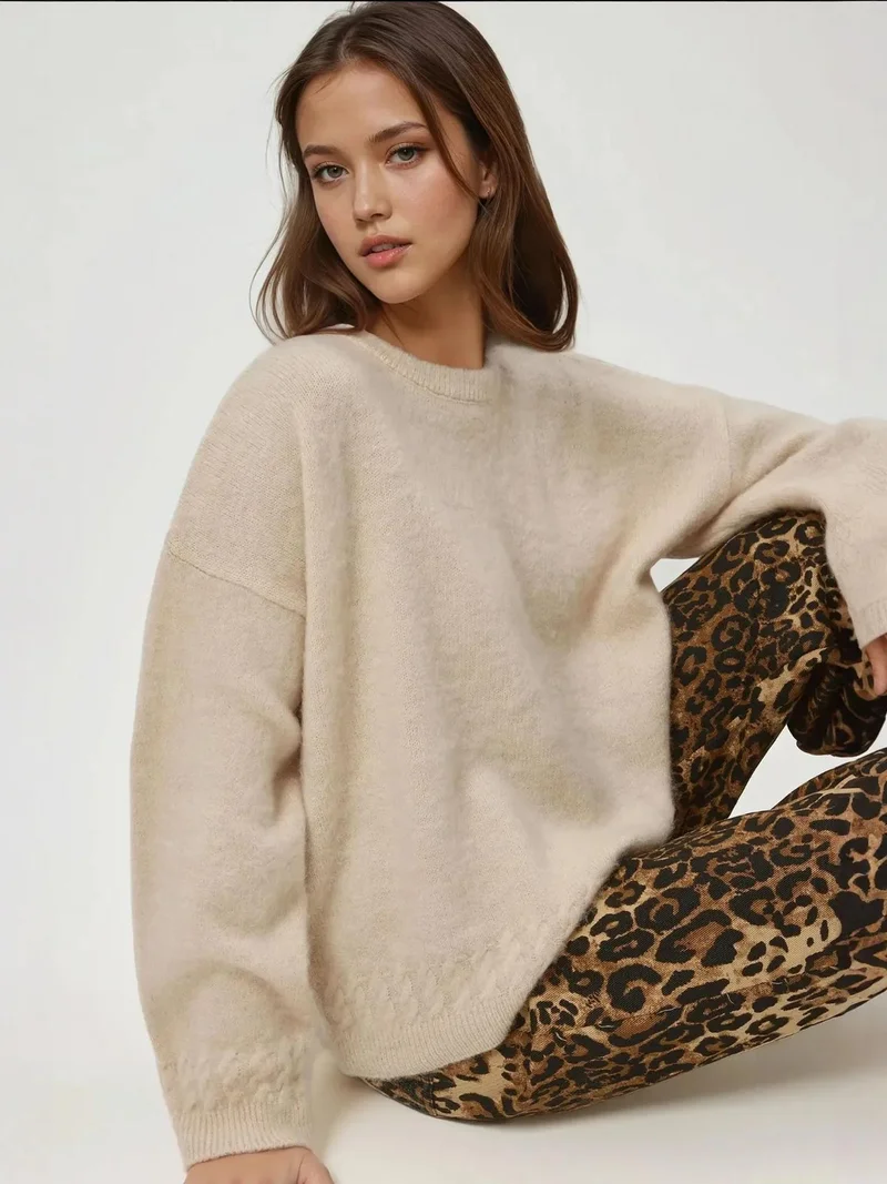 HICCUP Cream Natural Braiding Detailed Textured Crew Neck Sweater for Women | Best Price UAE