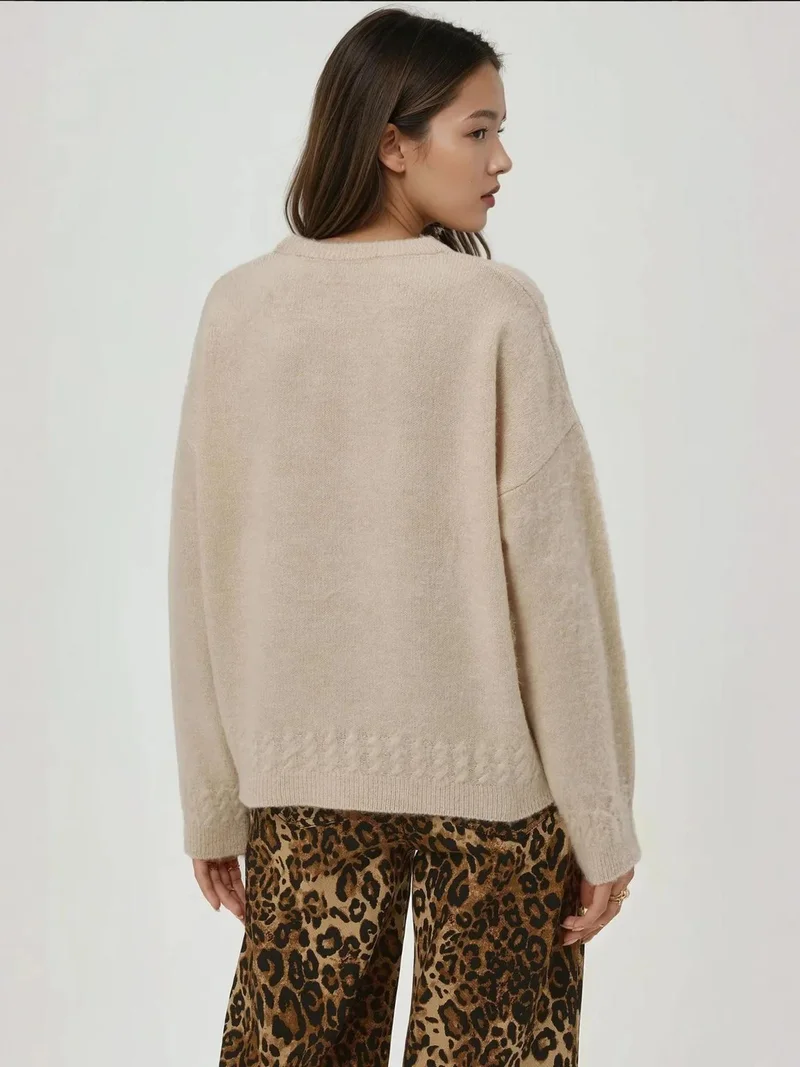 HICCUP Cream Natural Braiding Detailed Textured Crew Neck Sweater for Women | Best Price UAE