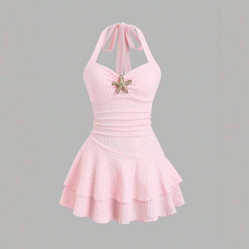 Beach Vacation Halter Neck Short Dress with Starfish Print - Image 1