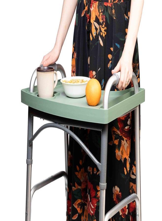 Sigo Green Walker Tray for Rolling Folding Walker, Tray Table with Cup Holder for Standard Walkers Seniors, Detachable Non Slip TV Accessories Basket Holding Plate Cups Clip On Small Bag Carrier - Image 4