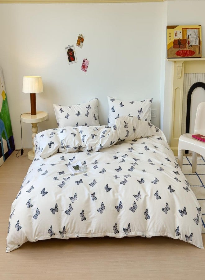 LIWHENHAO طقم غطاء لحاف LIWHENHAO بتصميم فراشات، مقاس مفرد، قطن 100%، بنقشة فراشات سوداء كرتونية على خلفية بيضاء كريمية، يتضمن غطاء لحاف واحد بتصميم حيوانات لطيفة، وسحاب إغلاق، و2 غطاء وسادة للأطفال من الجنسين. - Image 2