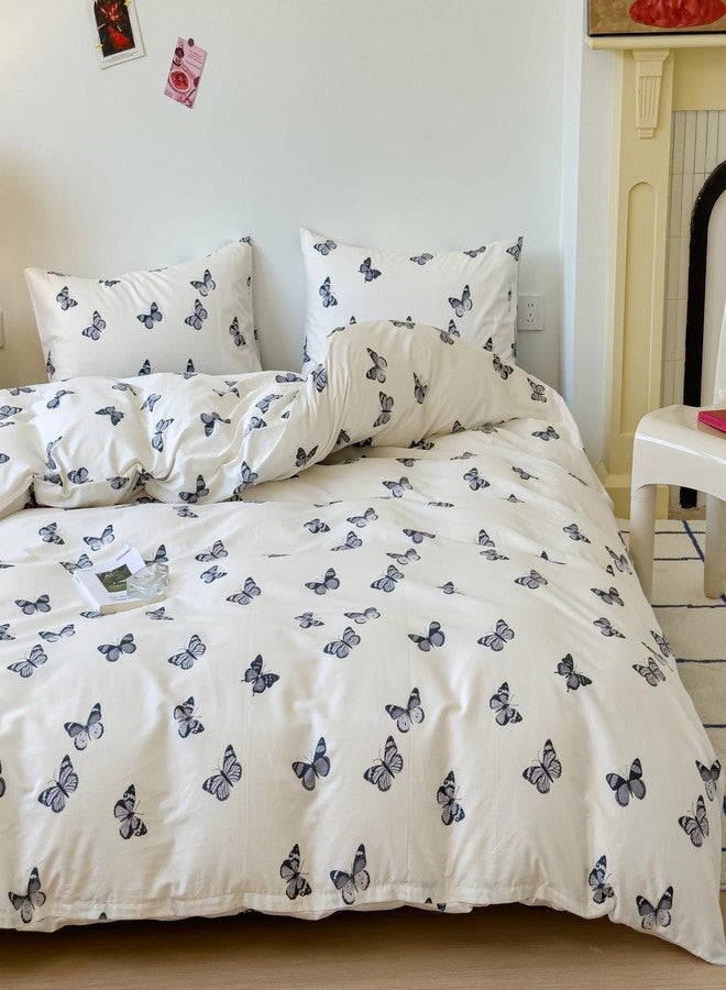 LIWHENHAO طقم غطاء لحاف LIWHENHAO بتصميم فراشات، مقاس مفرد، قطن 100%، بنقشة فراشات سوداء كرتونية على خلفية بيضاء كريمية، يتضمن غطاء لحاف واحد بتصميم حيوانات لطيفة، وسحاب إغلاق، و2 غطاء وسادة للأطفال من الجنسين. - Image 1