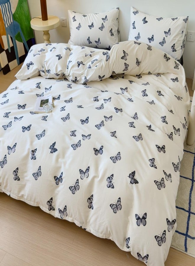 LIWHENHAO طقم غطاء لحاف LIWHENHAO بتصميم فراشات، مقاس مفرد، قطن 100%، بنقشة فراشات سوداء كرتونية على خلفية بيضاء كريمية، يتضمن غطاء لحاف واحد بتصميم حيوانات لطيفة، وسحاب إغلاق، و2 غطاء وسادة للأطفال من الجنسين. - Image 3