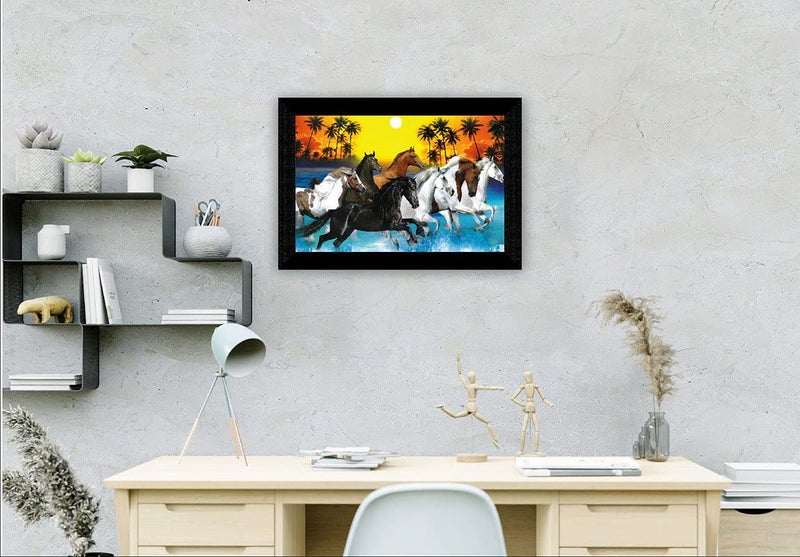 SAF paintings 7 Running Horses in Water Sunrise UV Teatured Digital Reprint Framed Painting (11 inch X 14 inch) SANFK62 - Image 2