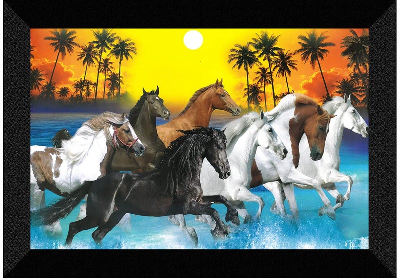SAF paintings 7 Running Horses in Water Sunrise UV Teatured Digital Reprint Framed Painting (11 inch X 14 inch) SANFK62 - Image 1