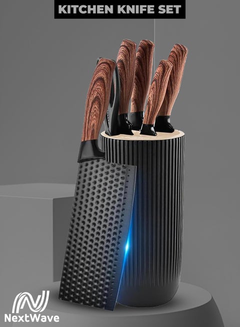 طقم سكاكين مطبخ، طقم سكاكين مطبخ أسود من 6 قطع مع حامل سكاكين - شفرات حادة من الفولاذ المقاوم للصدأ غير لاصقة، تصميم مضاد للصدأ ومريح للمنزل والمطعم