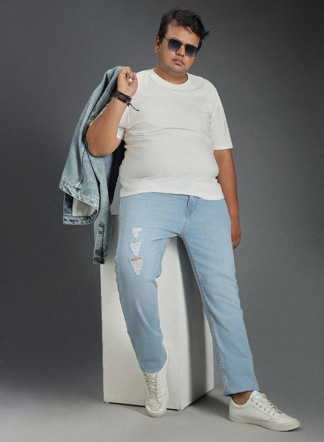 HIGH STAR Men's Indigo 100% Cotton Bleached Full Length Tapered Fit Jeans - Image 1