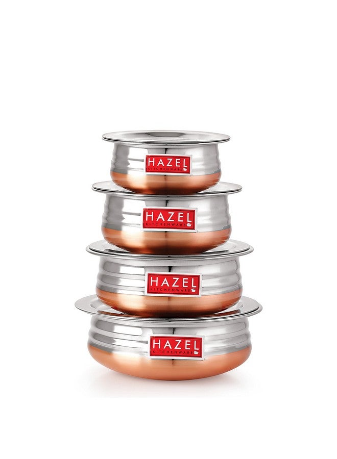 Hazel طقم هازيل من الأواني النحاسية ذات القاع النحاسي مع غطاء | طقم أواني طهي من الفولاذ المقاوم للصدأ | وعاء تقديم للطهي للمطبخ | أواني ذات قاع نحاسي للطهي، 4 قطع - Image 1