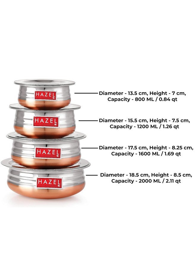 Hazel طقم هازيل من الأواني النحاسية ذات القاع النحاسي مع غطاء | طقم أواني طهي من الفولاذ المقاوم للصدأ | وعاء تقديم للطهي للمطبخ | أواني ذات قاع نحاسي للطهي، 4 قطع - Image 3