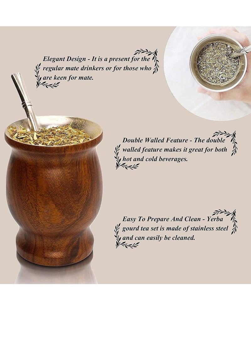 NIBEMINENT 230ml Yerba Mate Tea Cup Wood Grain Color Stainless Steel Double Walled Easy Wash Household Insulation Gourds for Loose Leaf Drinking with Bombilla Straw - Image 3