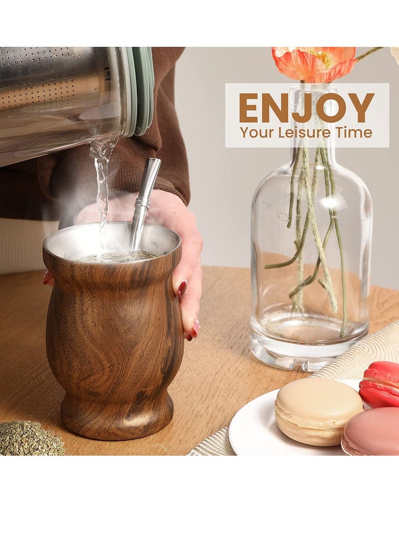 NIBEMINENT 230ml Yerba Mate Tea Cup Wood Grain Color Stainless Steel Double Walled Easy Wash Household Insulation Gourds for Loose Leaf Drinking with Bombilla Straw - Image 5