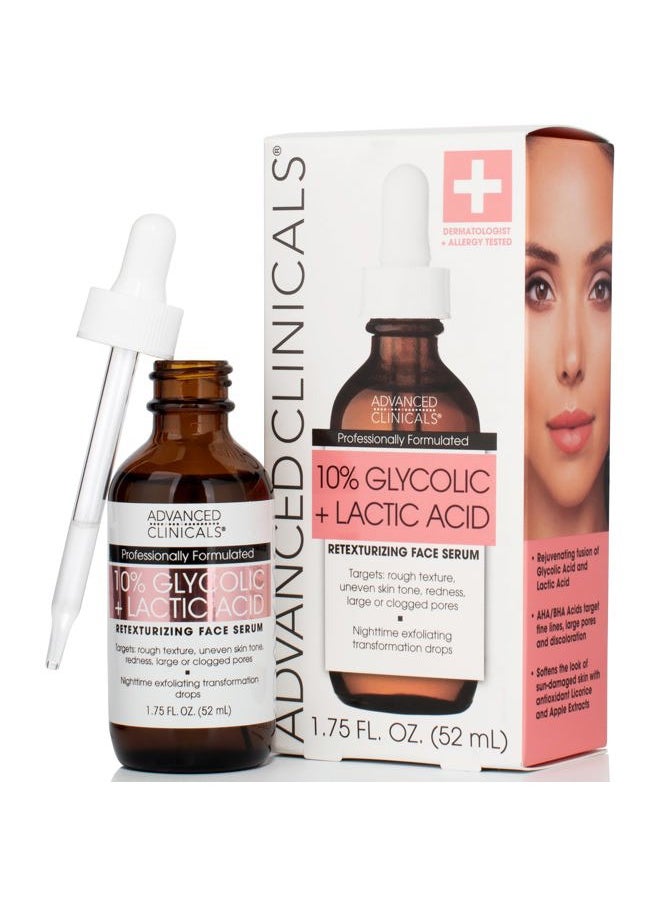 Advanced Clinicals 10% Glycolic Acid Serum For Face | Exfoliating AHA + Lactic Acid + Salicylic Acid Serum | Facial Chemical Peel Skin Care Treatment For Large Pores & Dark Spots. 1.75 FL Oz  - Image 1