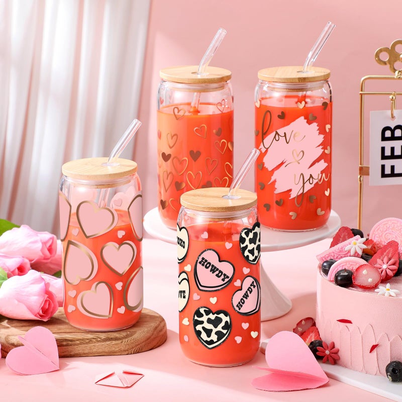 SiliFine 4 Pcs Valentine's Galentine's Day Gifts Glass Cups with Lid and Straw 16 oz Drinking Glasses Valentines Iced Coffee Cups Can Shape Mug Tumbler for Women Men Birthday Party Favor Gift - Image 2