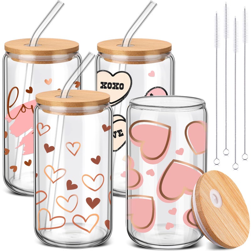SiliFine 4 Pcs Valentine's Galentine's Day Gifts Glass Cups with Lid and Straw 16 oz Drinking Glasses Valentines Iced Coffee Cups Can Shape Mug Tumbler for Women Men Birthday Party Favor Gift - Image 1