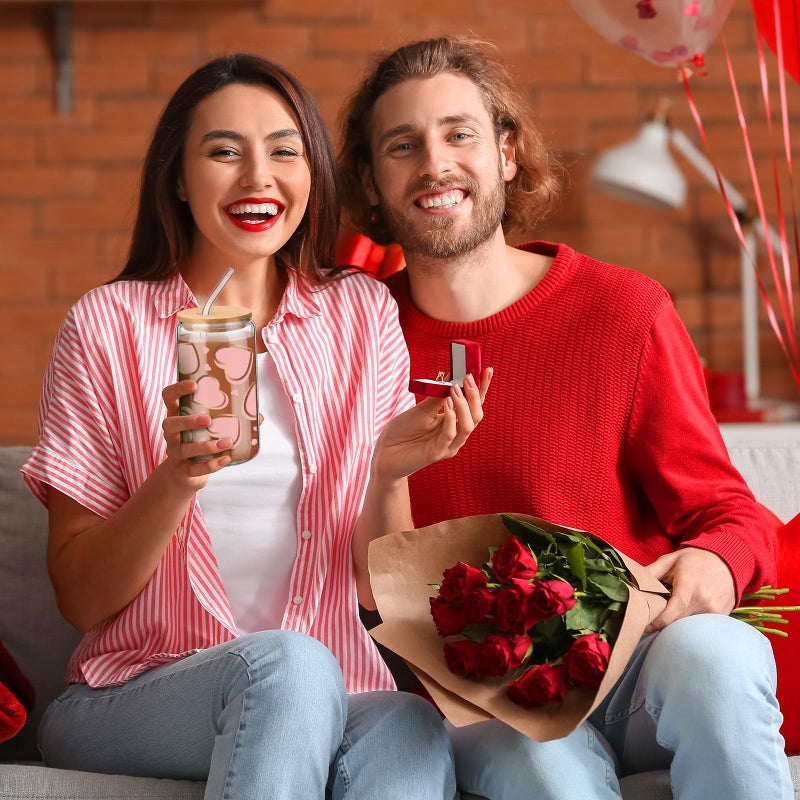 SiliFine 4 Pcs Valentine's Galentine's Day Gifts Glass Cups with Lid and Straw 16 oz Drinking Glasses Valentines Iced Coffee Cups Can Shape Mug Tumbler for Women Men Birthday Party Favor Gift - Image 5