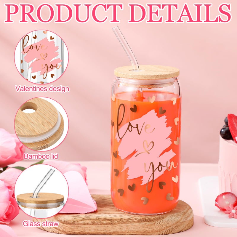 SiliFine 4 Pcs Valentine's Galentine's Day Gifts Glass Cups with Lid and Straw 16 oz Drinking Glasses Valentines Iced Coffee Cups Can Shape Mug Tumbler for Women Men Birthday Party Favor Gift - Image 4