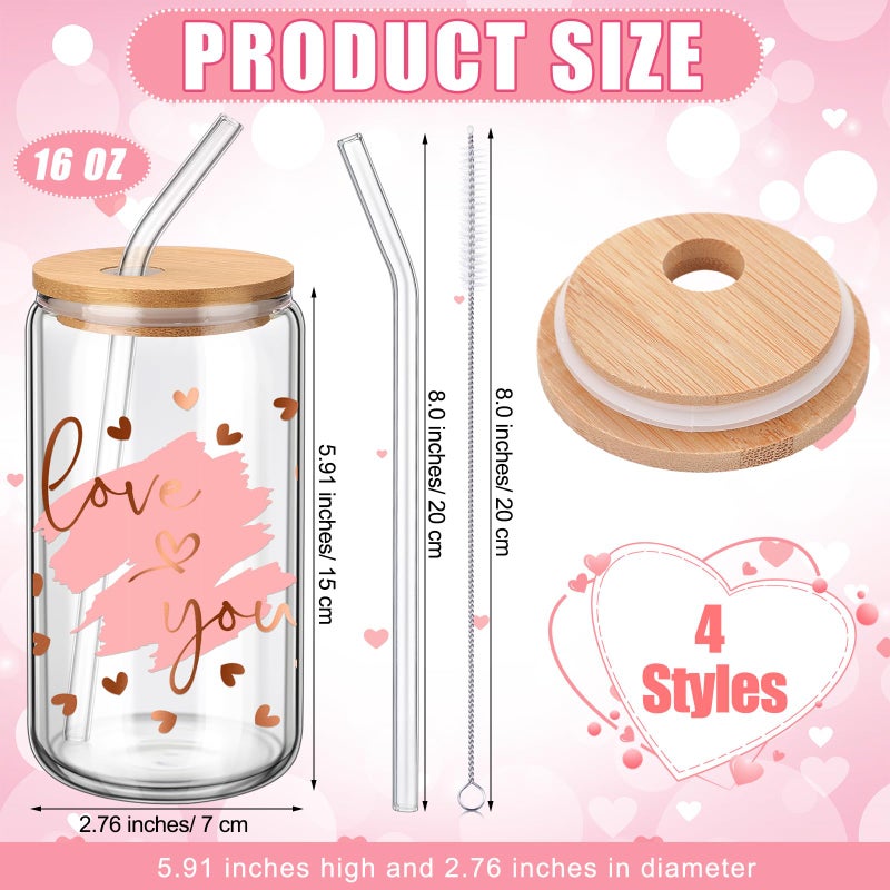 SiliFine 4 Pcs Valentine's Galentine's Day Gifts Glass Cups with Lid and Straw 16 oz Drinking Glasses Valentines Iced Coffee Cups Can Shape Mug Tumbler for Women Men Birthday Party Favor Gift - Image 3