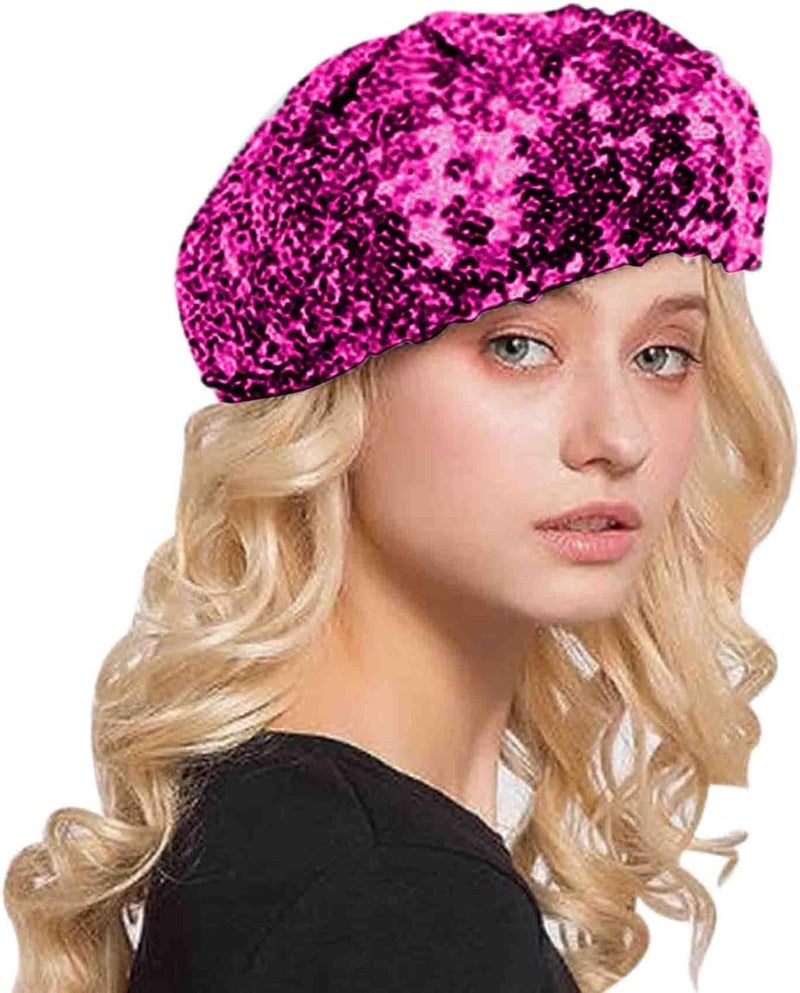 Aibearty Women Girls Sparkly Sequin Beret Hat Fashion Fun Stretch Beanie Cap Headwear for Festival Party Club Halloween - Image 1