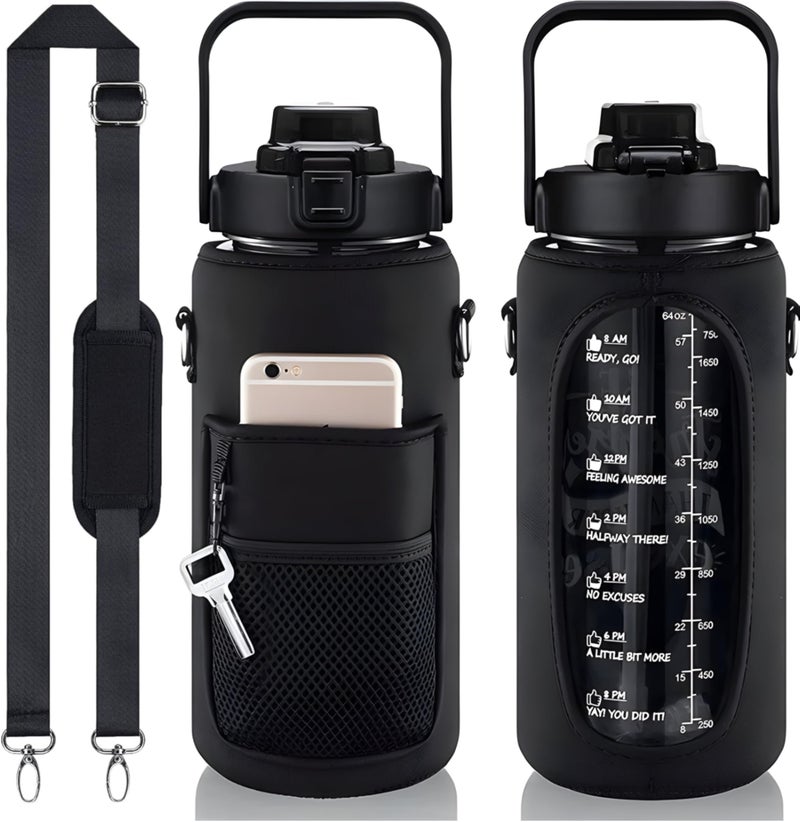 Schmick Plastic 2 Liters Black Water Bottle For Girls, Boys, Home, Office, Gym - Water Bottle With Cover Having Mobile Pocket & Coin/Key/Card Pocket - Image 1