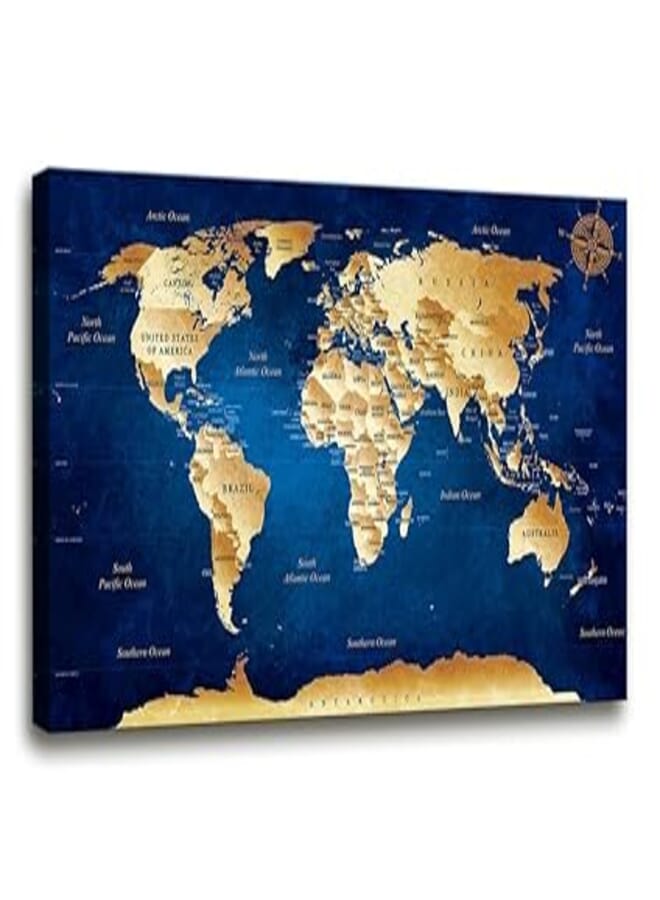 Wall Art blue map of the world Painting Ready to Hang -20" x 40" Pieces Large Framed wall art world Map Canvas Art Map wall decorations Artwork Prints for Background For Home Office Decoration. 